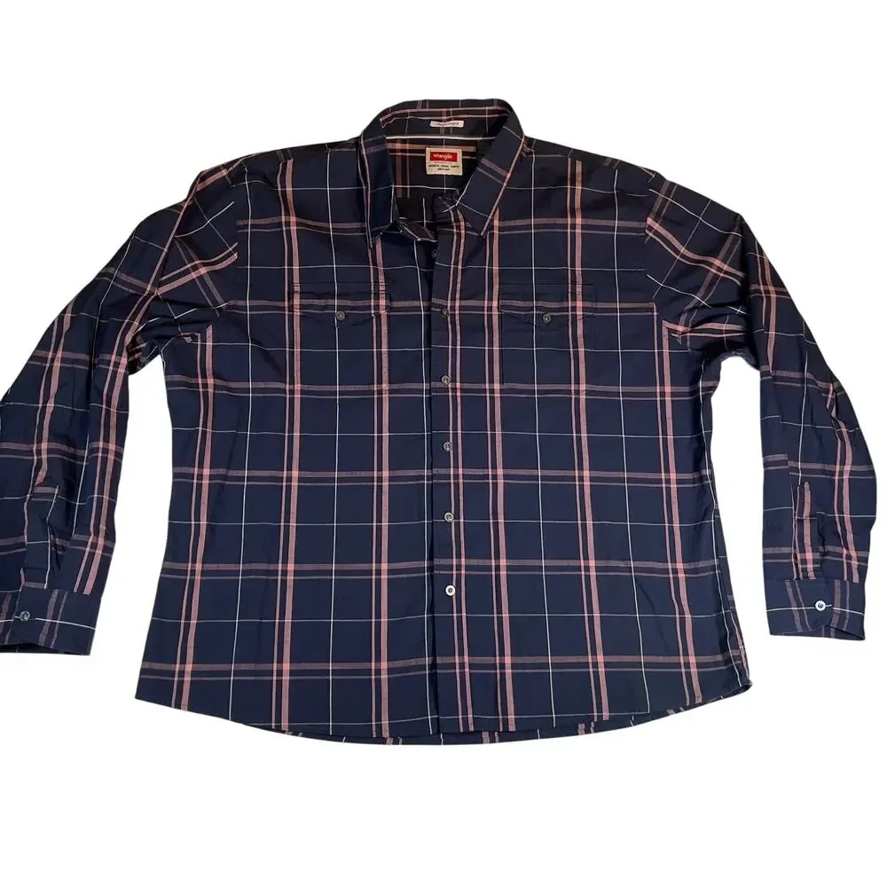 Wrangler Flex for Comfort Button Down Shirt Men 3XL Blue Pink Plaid Long Sleeve